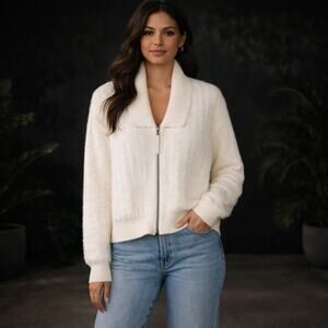 By Anthropologie SZ L Zip-Up Brushed Sweater Cardigan Wool Blend Soft Ivory $168